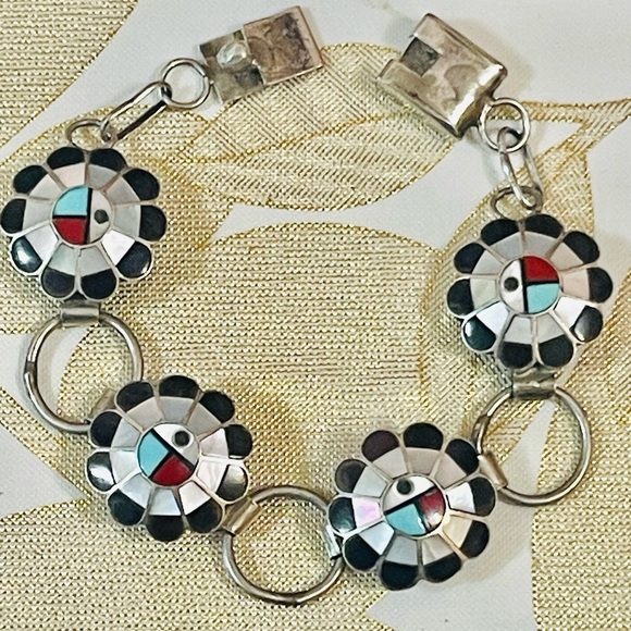 Jewelry - Vtg Native American ZUNI Sterling concho Inlaid Onyx Pearl Coral Bracelet Sz 6”